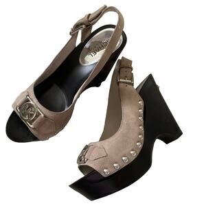 Michael Kors Taupe Suede Charm Sling Back Platform Wedge Heels 5.5 NWOT